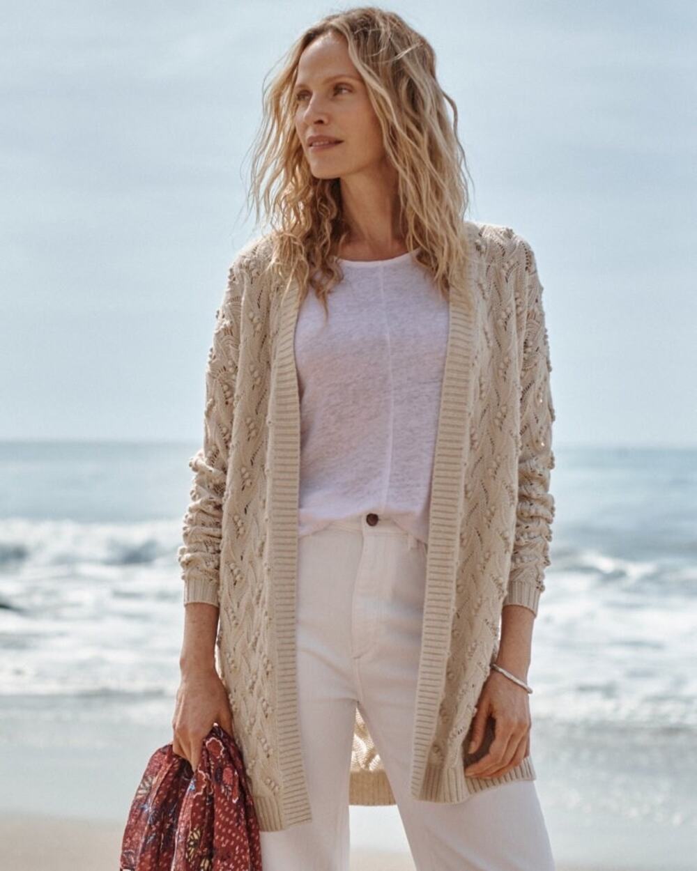Sage Wool/Linen Pointelle Textured Open Front Relaxed Fit Knit Cardigan Lounge